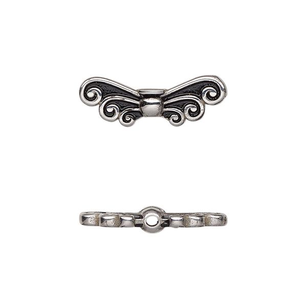 Bead, enamel and stainless steel, black, 21x8mm double-sided angel wing. Sold individually. image number 0