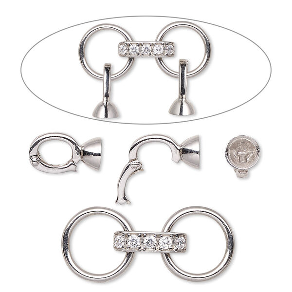 Connector, cubic zirconia and sterling silver, clear, 28x19.5mm with 11x6mm hinged bead hanger and 6mm cup, fits up to 6mm bead. Sold individually. image number 0