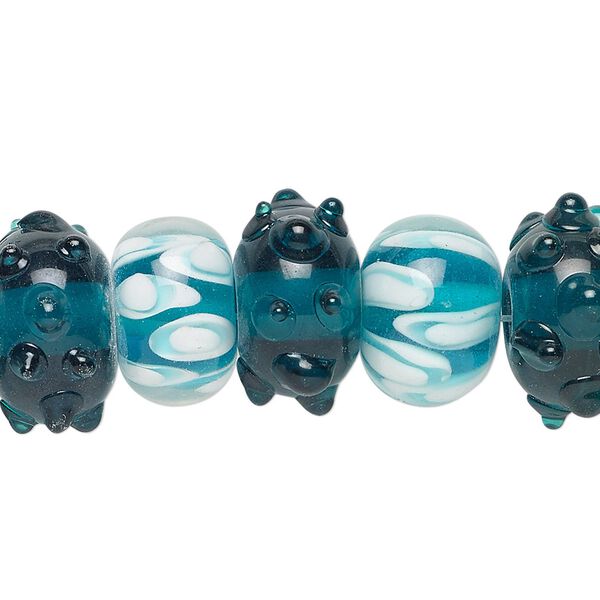 Bead, lampworked glass, translucent green / dark green / white, 14x9mm-16x11mm rondelle with assorted designs. Sold per pkg of 20. image number 0