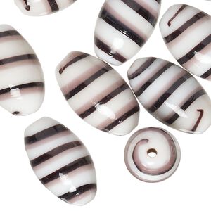 Bead, lampworked glass, opaque black / purple / white, 20x11mm oval. Sold per pkg of 10.