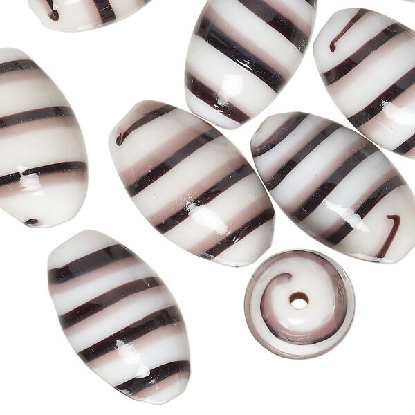 Bead, lampworked glass, opaque black / purple / white, 20x11mm oval. Sold per pkg of 10. image number 0