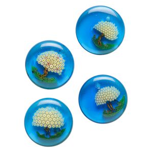 Drop, millefiori glass, translucent multicolored, 17-20mm top-drilled puffed flat round with tree and flower design. Sold per pkg of 4.
