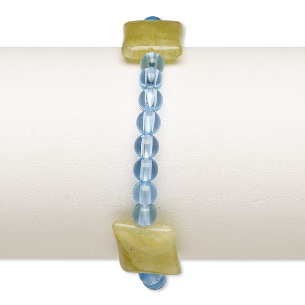 Bracelet, stretch, quartz (dyed) and acrylic, blue and green, 5mm round and 19x15mm-20x16mm puffed rectangle, 6-1/2 inches. Sold individually. image number 0