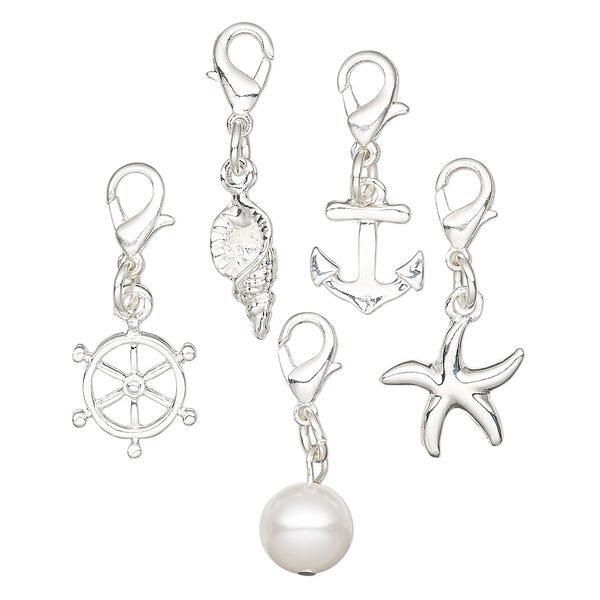 Charm and drop, Charmed, glass and silver-finished "pewter" (zinc-based alloy), white, 10mm-15x14mm assorted nautical theme with 6mm jump ring and lobster claw clasp. Sold per 5-piece set. image number 0