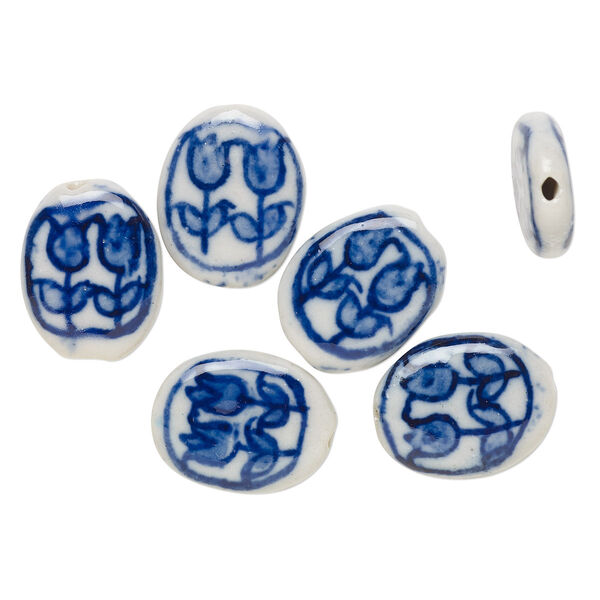 Bead, porcelain, blue and white, 19x15mm-20x16mm flat oval with tulips design. Sold per pkg of 6. image number 0