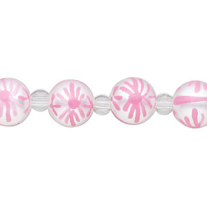 Bead, glass 1pkg8, opaque white and pink, 10mm hand-painted round.