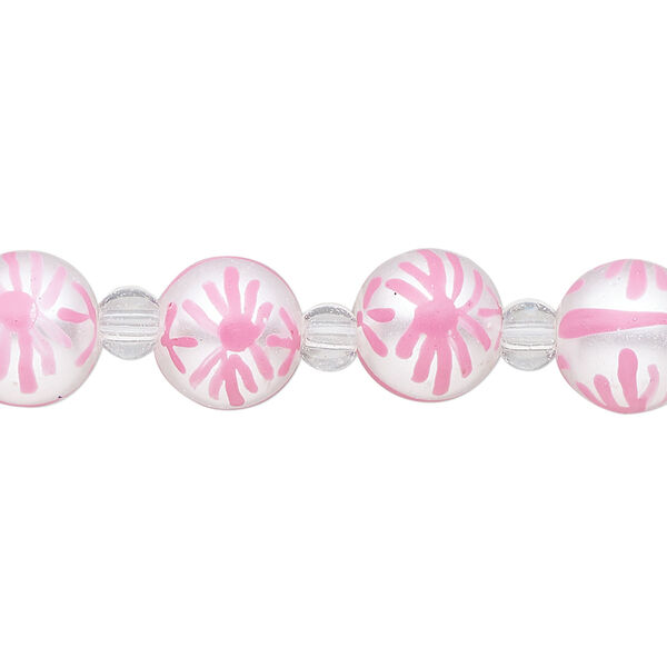 Bead, glass 1pkg8, opaque white and pink, 10mm hand-painted round. image number 0