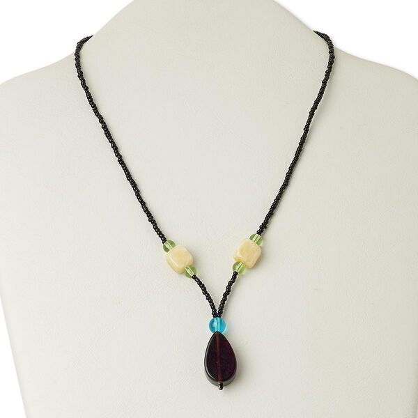 Necklace, calcite (coated) / glass / silver- or gold-finished "pewter" (zinc-based alloy), multicolored, 25x15mm flat teardrop, 17 inches with lobster claw clasp. Sold individually. image number 0