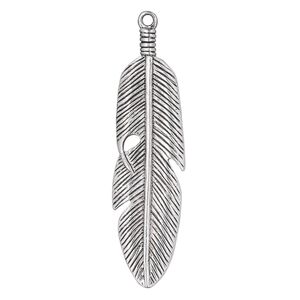 Focal, antique silver-plated "pewter" (zinc-based alloy), 57x16mm double-sided feather. Sold per pkg of 4.