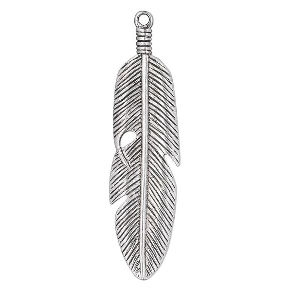 Focal, antique silver-plated "pewter" (zinc-based alloy), 57x16mm double-sided feather. Sold per pkg of 4. image number 0