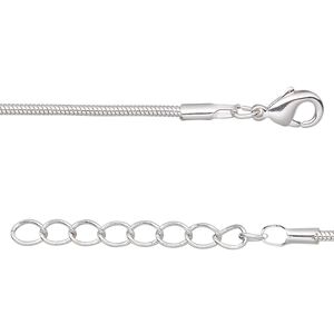 Chain, silver-plated brass, 1mm snake, 7-1/2 inches with 1-1/4 inch extender chain and lobster claw clasp. Sold per pkg of 6.