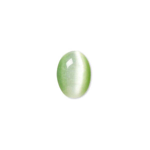 Cabochon, cat's eye glass (fiber optic glass), light green, 14x10mm calibrated oval, quality grade. Sold per pkg of 10. image number 0
