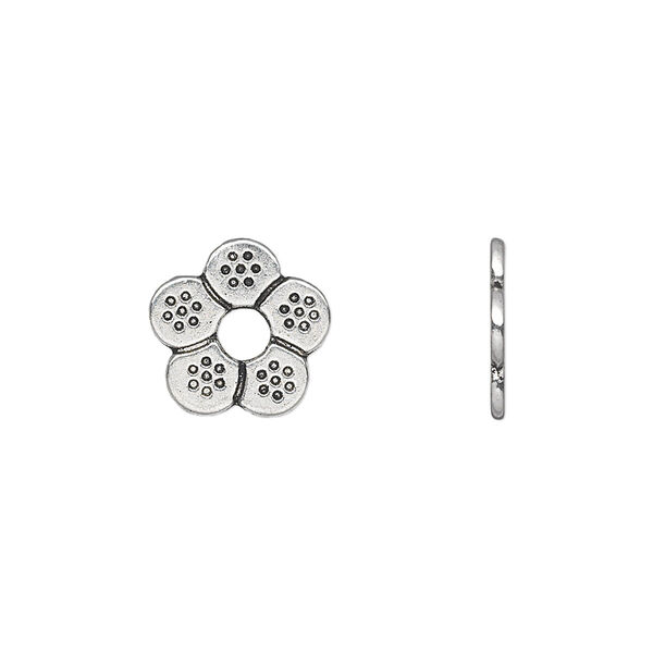 Bead, antique silver-plated "pewter" (zinc-based alloy), 12x1mm double-sided flower rondelle. Sold per pkg of 50. image number 0