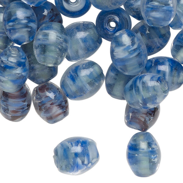 Bead, lampworked glass, translucent clear / blue / dark blue, 10x8mm barrel. Sold per 2-ounce pkg, approximately 55 beads. image number 0