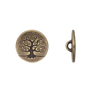 Button, TierraCast®, antique brass-plated pewter (tin-based alloy), 16mm flat round with tree of life and loop. Sold per pkg of 20.