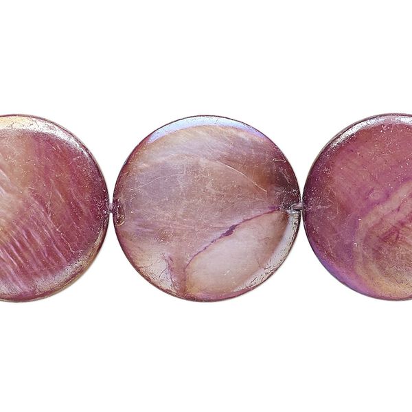 Bead, mother-of-pearl shell (dyed), thistle AB, 20mm puffed flat round with 0.4mm hole, Mohs hardness 3-1/2. Sold per 15-inch strand. image number 0