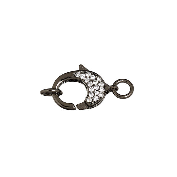 Clasp, lobster claw, cubic zirconia and black-finished brass, clear, 14x10mm double-sided with (2) 5mm jump rings. Sold individually. image number 0