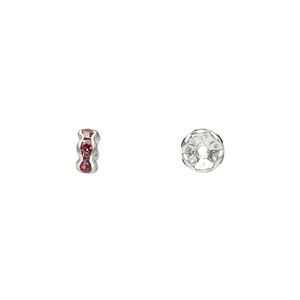 Bead, glass rhinestone and silver-plated brass, rose, 5x2mm rondelle. Sold per pkg of 10.