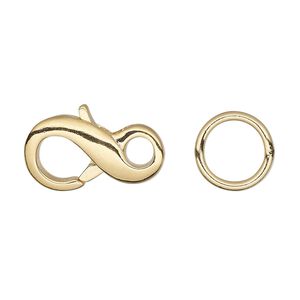 Clasp lobster claw 1pkg4 gold-plated, 21x11mm infinity / 12mm closed jump ring, brass 1-strand