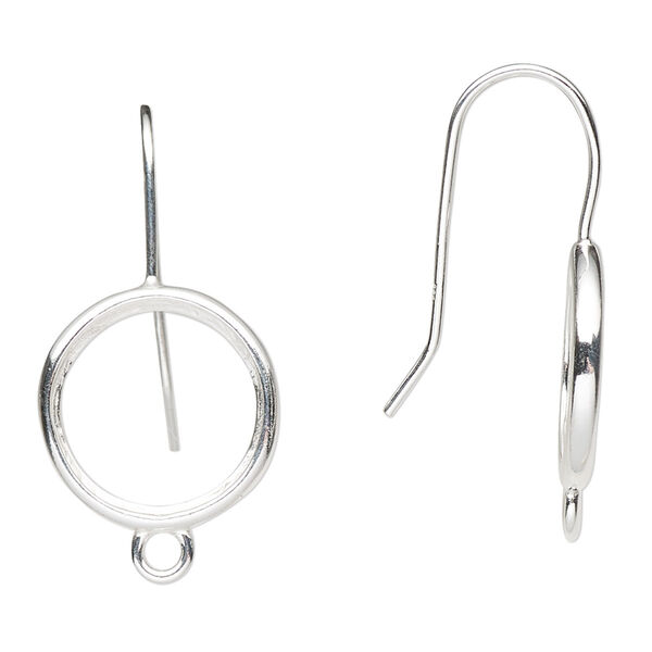 Ear wire, sterling silver, 29mm fishhook with loop and 14mm faceted rivoli glue-in setting with open back, 20 gauge. Sold per pair. image number 0