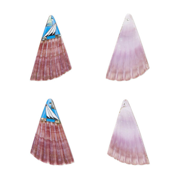 Focal, sea scallop shell / multi-shell / resin (dyed/assembled), mauve / medium blue / multicolored, 50x33mm single-sided right- and left-facing half shells, Mohs hardness 3-1/2. Sold per pkg of 2. image number 0