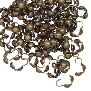 Bead tip, antique brass-finished brass, 8x4mm bottom clamp-on with open loop. Sold per pkg of 100.