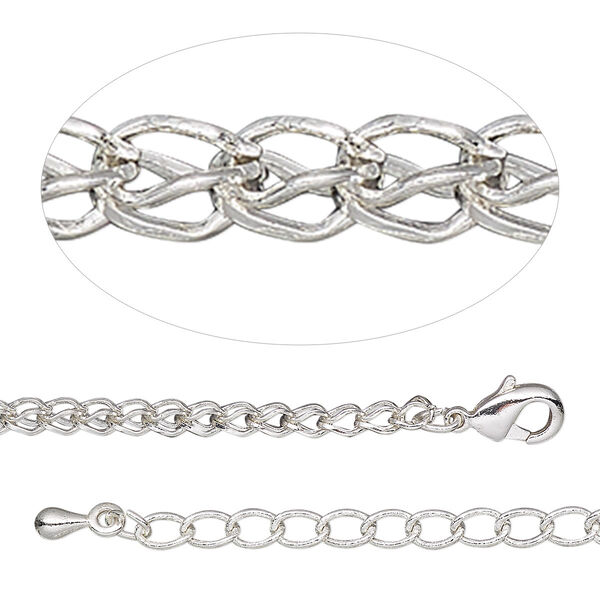 Chain, silver-plated brass, 2.2mm double teardrop, 18 inches with 2-inch extender chain and lobster claw clasp. Sold individually. image number 0
