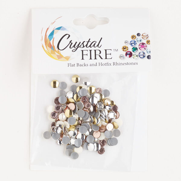 Flat back / rhinestud 1pkg200 mixed colors / platings, Crystal Fire® rhinestone / brass 3-4mm hotfix round / 4mm rose round SS12-SS16 image number 0