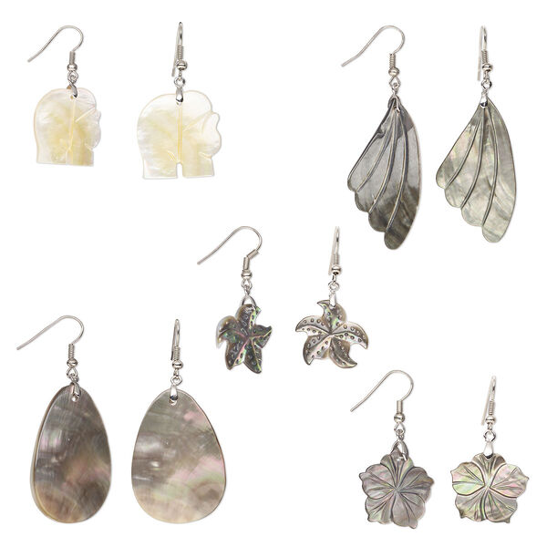 Earring mix, multi-shell (natural) and nickel-plated copper, 12x12mm-38x38mm carved multi-shapes. Sold per pkg of 5 pairs. image number 0