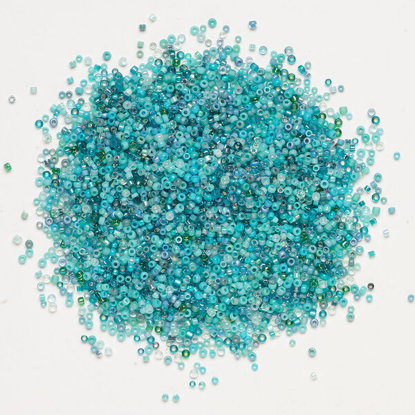 Seed bead mix, glass, 1pkg25g, #15 to #11 round, opaque and translucent multi-blue image number 1