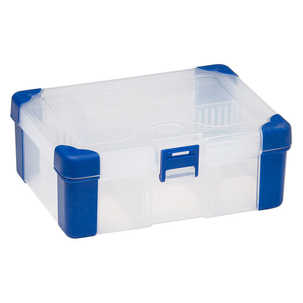 Organizer, acrylic and rubber, clear and blue, 6-1/2 x 4-1/2 x 2-1/4 inch rectangle with tray insert, 3-11 adjustable compartments. Sold individually. image number 1