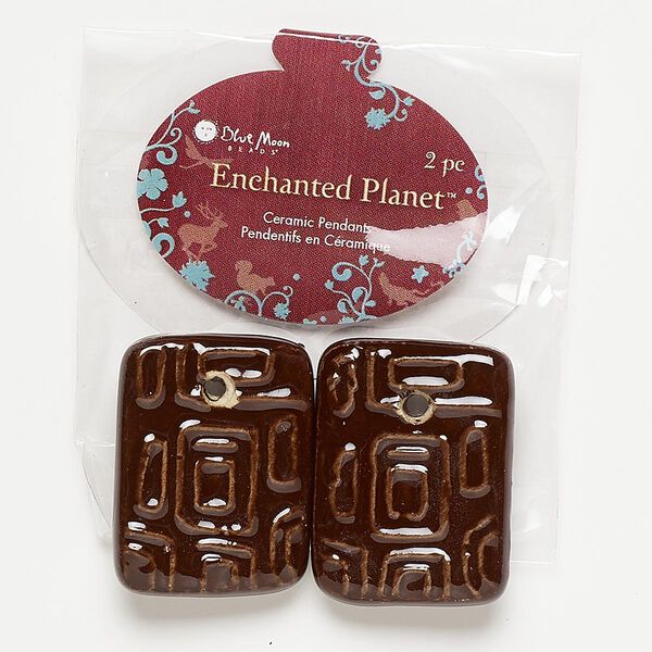 Focal, porcelain, brown, 34x25mm textured rectangle. Pkg/2. image number 0