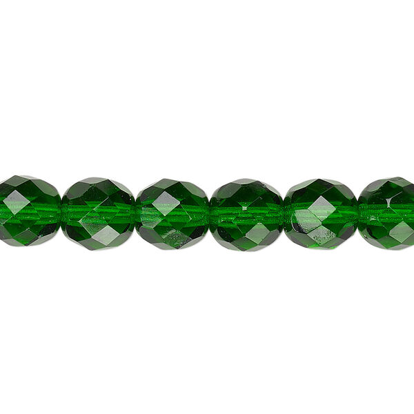 Bead, Czech fire-polished glass, transparent emerald green, 8mm faceted round. Sold per 15-1/2" to 16" strand, approximately 50 beads. image number 0