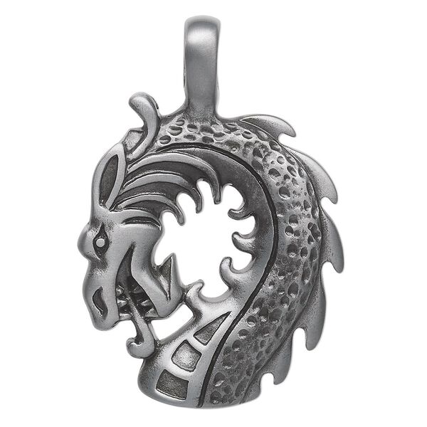Pendant, Almost Jewelry™, "pewter" (zinc-based alloy), 51x34mm dragon head. Sold individually. image number 0