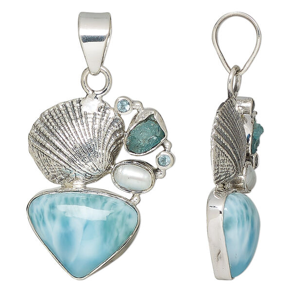 Pendant, larimar and apatite (natural) / cultured freshwater pearl (bleached) / antiqued sterling silver, white, 29x23mm with shell and 18x14x14mm triangle. Sold individually. image number 0