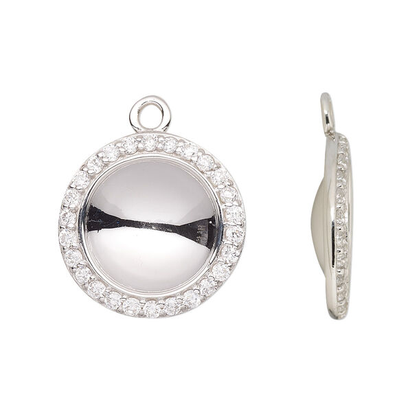 Drop, Almost Instant Jewelry®, rhodium-plated sterling silver and cubic zirconia, clear, 20.5mm round with 14mm rivoli glue-in setting. Sold individually. image number 0