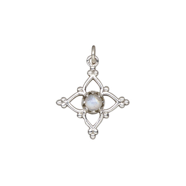 Rainbow moonstone / sterling silver 1pkg1, open beaded diamond drop natural antiqued 17x17mm image number 0