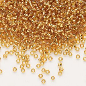Seed bead, Dyna-Mites™, glass, pkg/40g, #11 round, transparent silver-lined gold, (31:RR 11/0 RR).