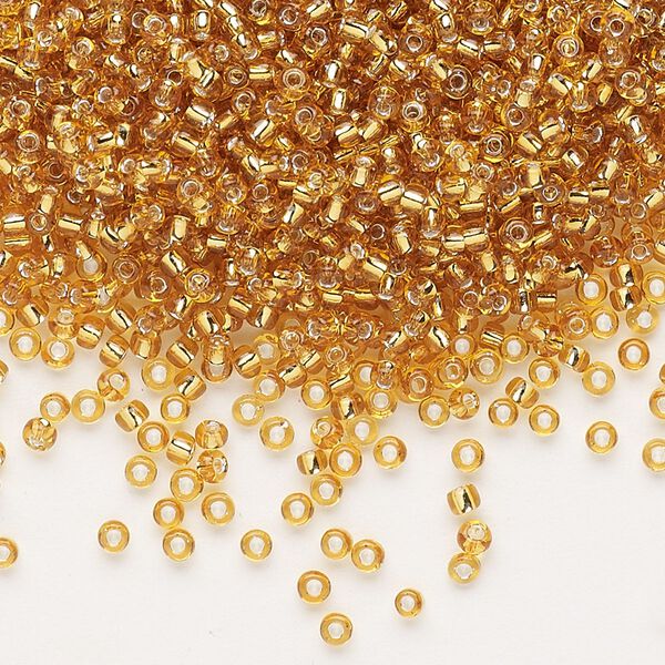 Seed bead, Dyna-Mites™, glass, pkg/40g, #11 round, transparent silver-lined gold, (31:RR 11/0 RR). image number 0