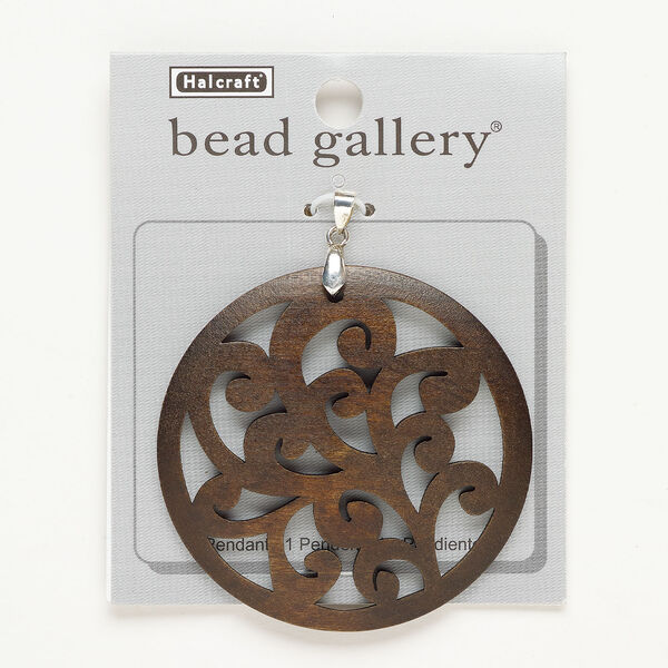 Pendant, silver-finished "pewter" (zinc-based alloy) and wood (dyed), dark brown, 60mm carved round with cutout swirls. Sold individually. image number 0