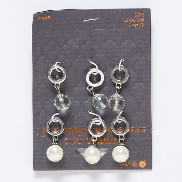 Drop mix, glass / glass pearl / silver-finished "pewter" (zinc-based alloy) / steel, opaque and transparent clear and white, 27x11mm-29x11mm round and faceted round with 6.5mm hole. Sold per pkg of 6. image number 0
