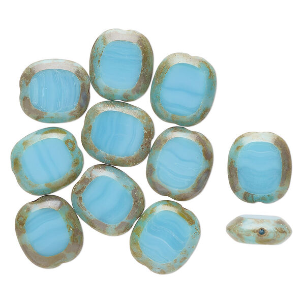 Bead, Czech glass, opaque brown and blue travertine, 14x13mm flat pillow. Sold per pkg of 11. image number 0