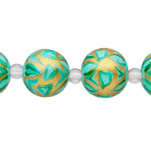 Bead, glass 1pkg8, gold and teal green, 14mm hand-painted round.
