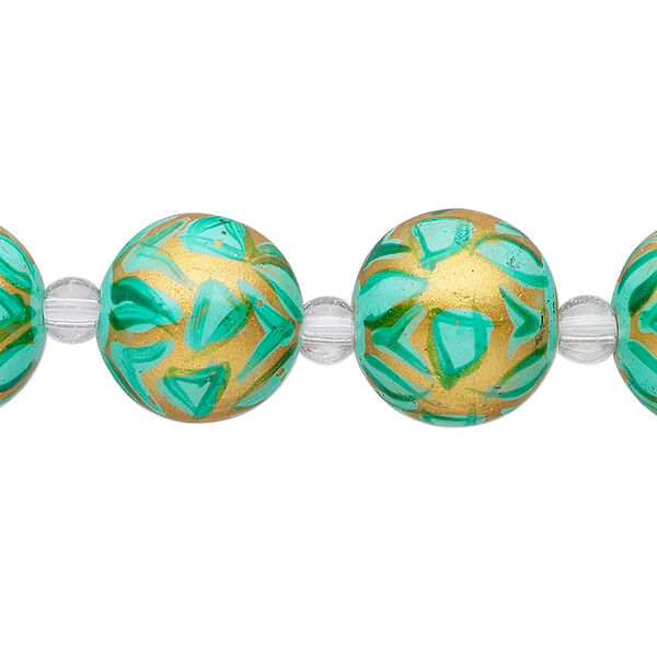 Bead, glass 1pkg8, gold and teal green, 14mm hand-painted round. image number 0