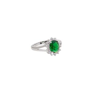 Ring, cubic zirconia and rhodium-finished brass, emerald green and clear, 13mm fancy oval, size 8. Sold individually.