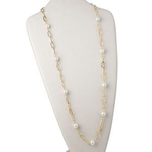 Necklace, glass and gold-plated brass, white, marquise link, 34 inches with lobster claw clasp. Sold individually.