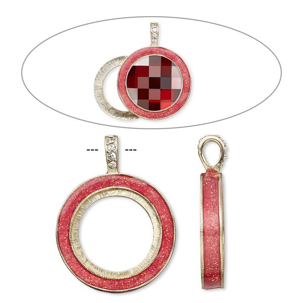 Pendant, Almost Instant Jewelry®, epoxy / crystals / gold-finished "pewter" (zinc-based alloy), rose pink and crystal clear with glitter, 45x35mm single-sided with 30mm round setting. Sold individually. image number 0