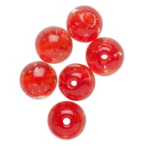 Bead, lampworked glass, translucent red, 12mm round. Sold per pkg of 6.