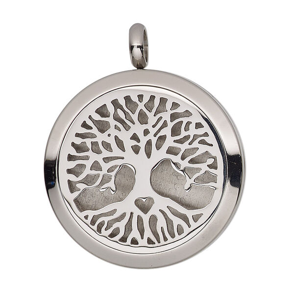 Pendant, stainless steel, 37x30mm single-sided hinged round locket with cutout tree of life and magnetic closure. Sold individually. image number 0