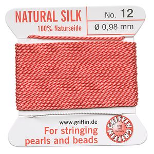 Thread, Griffin, silk, coral, size #12. Sold per 2-meter card (approximately 78 inches).